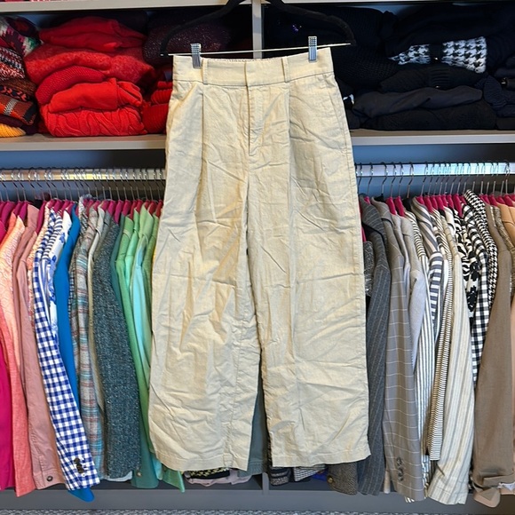 Uniqlo tan linen/cotton blend back elastic waistband 4 pocket wide leg pants S - Picture 1 of 3